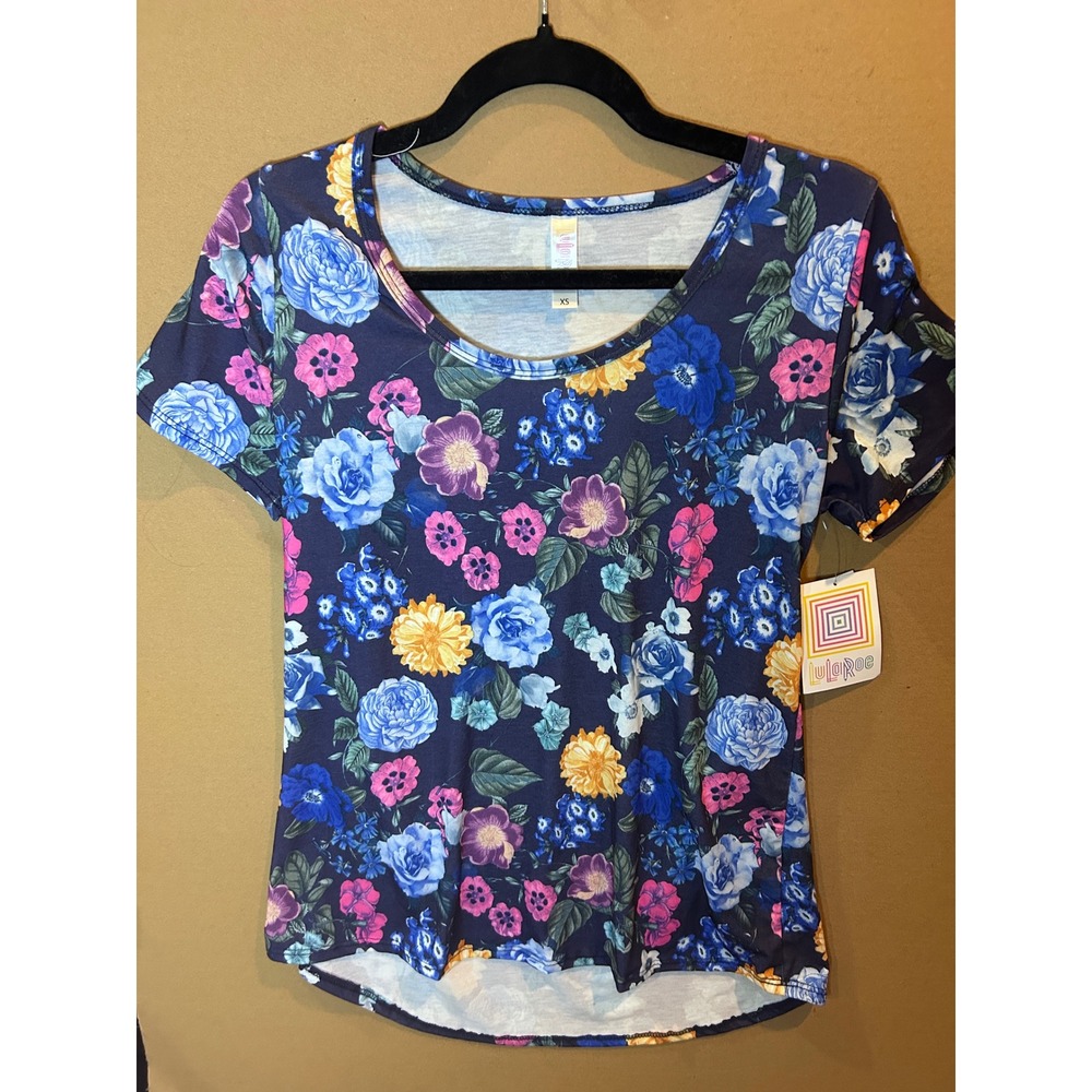 LuLaRoe Classic T Women XS Navy Blue NWT Floral Short Sleeve Scoop Neck Tee